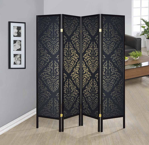 Haidera 4-panel Damask Pattern Folding Screen Black - Mattress & Furniture Super Center (Tampa, FL)