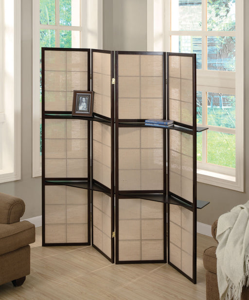 Iggy 4-panel Folding Screen with Removable Shelves Tan and Cappuccino - Mattress & Furniture Super Center (Tampa, FL)