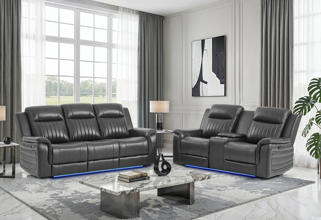 U8879 Charcoal Pwr Rec Sofa/Pwr Con Rec Loveseat W/LED & Gl Ss