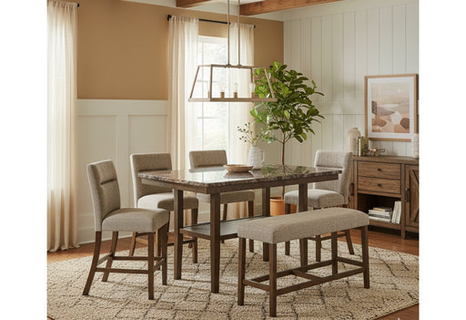 D4355 BROWN BAR TABLE WITH 4 BAR STOOLS AND BENCH - Mattress & Furniture Super Center (Tampa, FL)